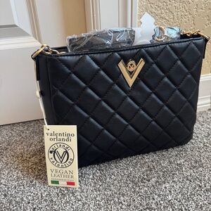 Valentino Orlandi V2005 Black Quilted Vegan Leather Crossbody Bag Gold NWT $278